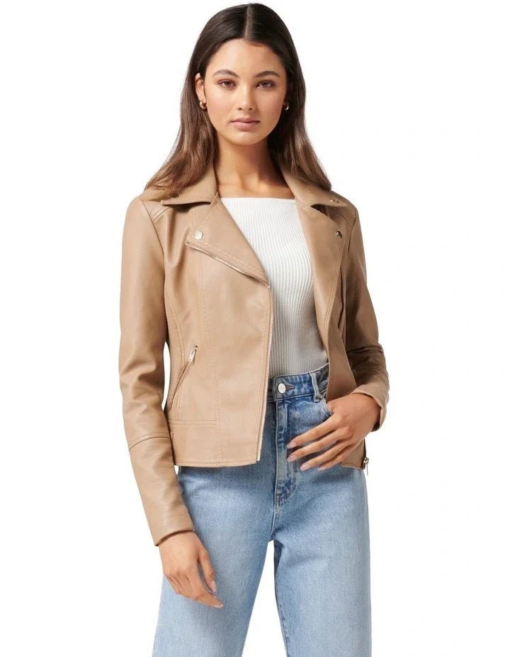 Amy Beige Slim Fit Brown Womens Leather Motorcycle Jacket - Image 5