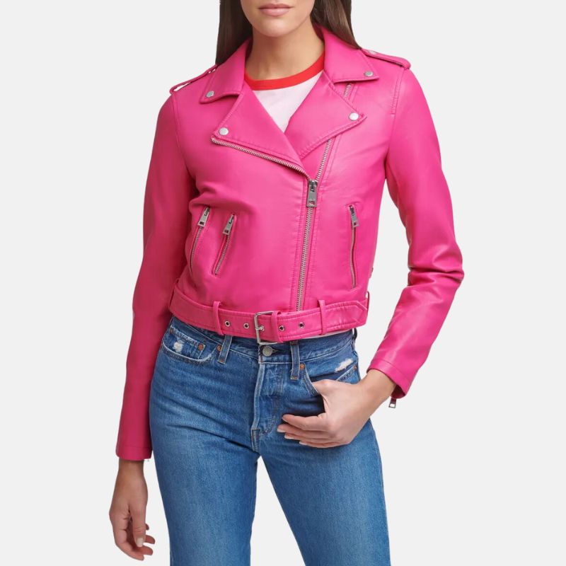 Asymmetrical Leather Hot Pink Jacket Womens - Image 2