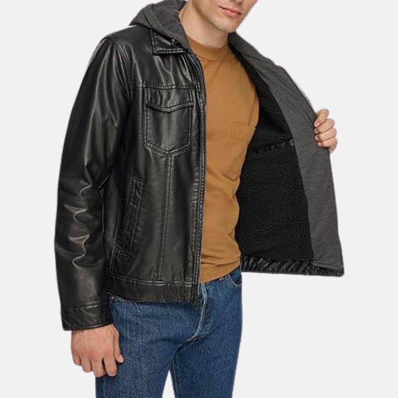 Black Hooded Leather Jacket Mens - Image 4