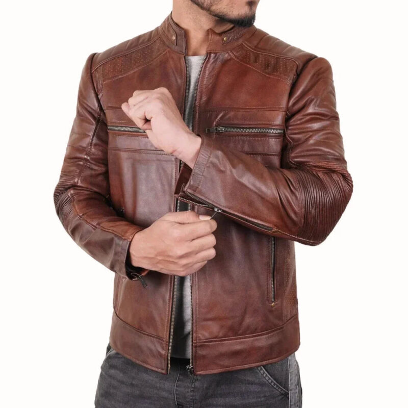 Mens Perforated Real Leather Brown Cafe Racer Jacket - Image 5