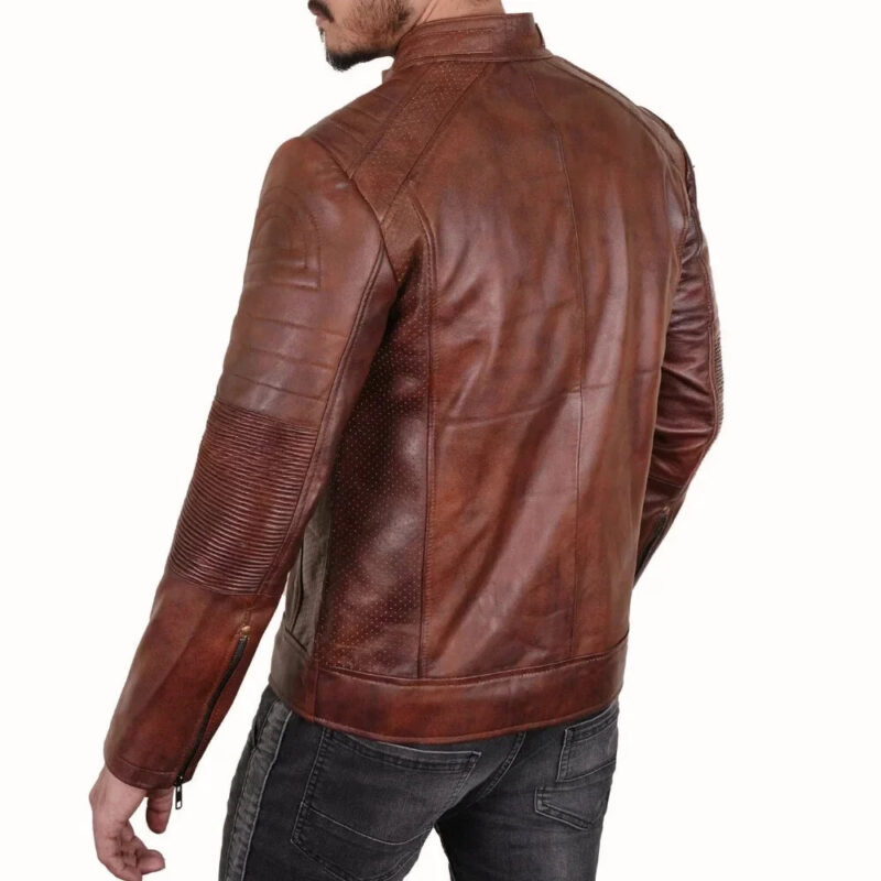 Mens Perforated Real Leather Brown Cafe Racer Jacket - Image 2