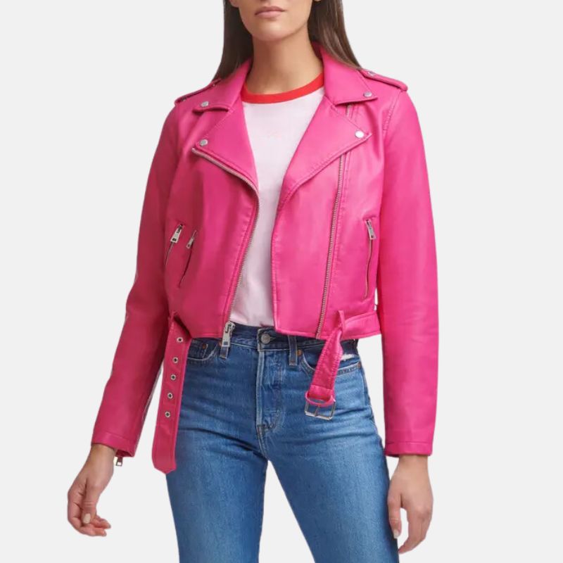 Asymmetrical Leather Hot Pink Jacket Womens - Image 3