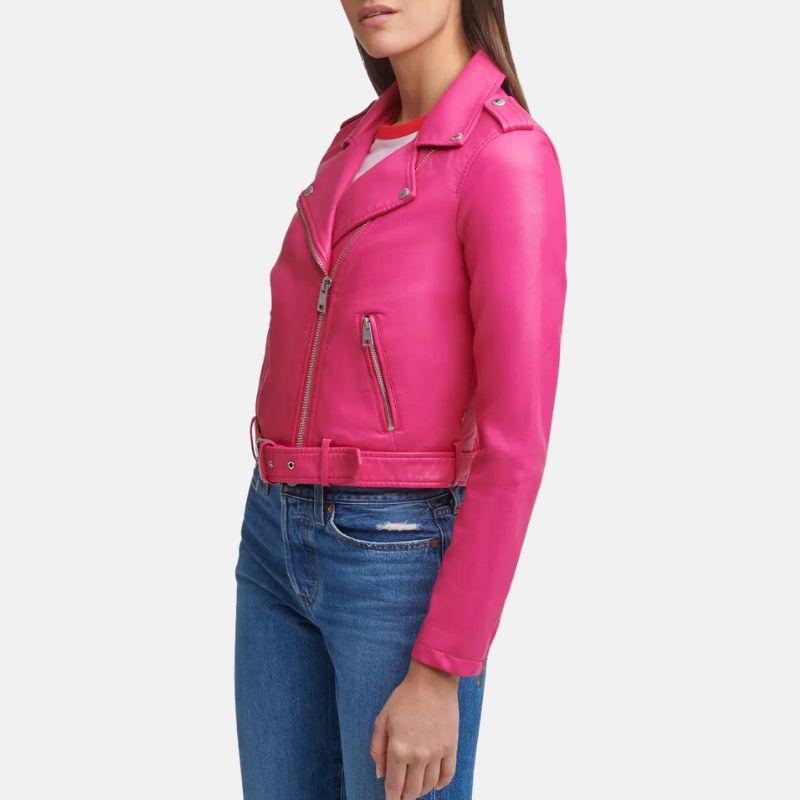 Asymmetrical Leather Hot Pink Jacket Womens - Image 4