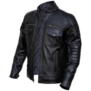 Mens Slim Fit Double Pockets Real Black Leather Biker Jacket