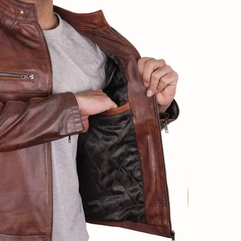 Mens Perforated Real Leather Brown Cafe Racer Jacket - Image 4