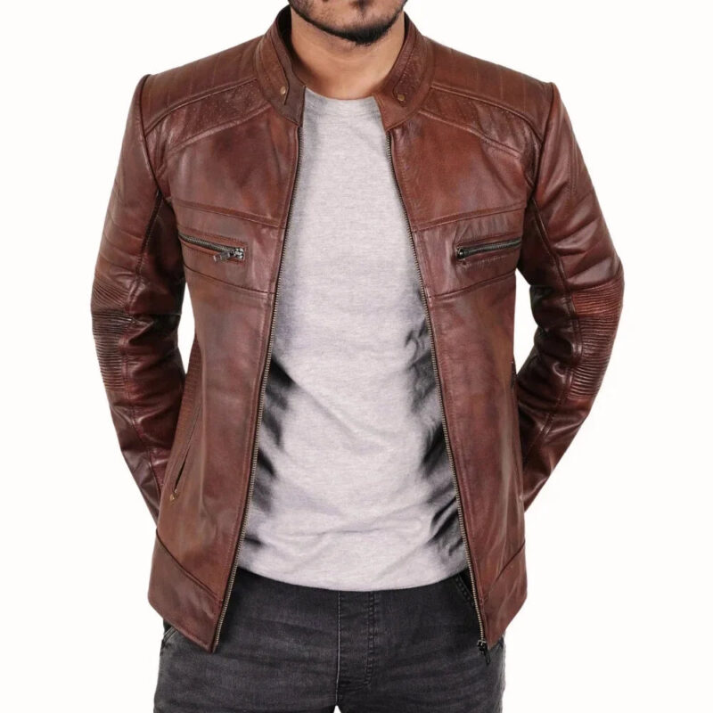 Mens Perforated Real Leather Brown Cafe Racer Jacket - Image 3