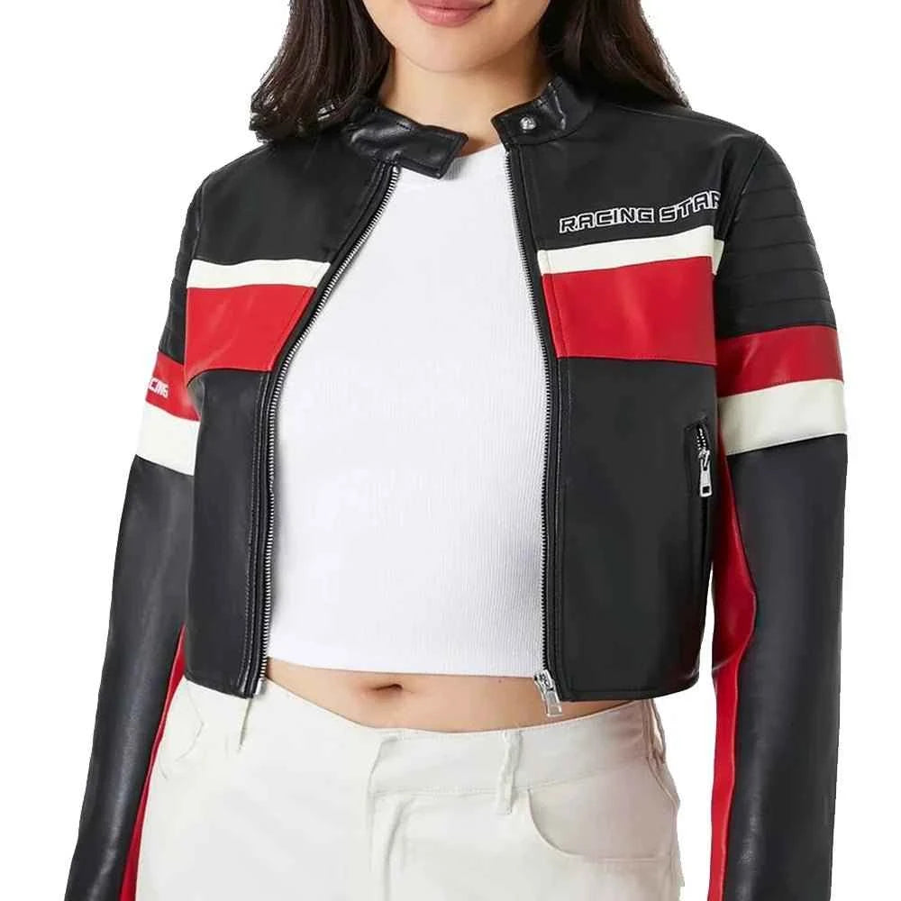 Ladies Cropped Red Black and White Leather Jacket - Image 2
