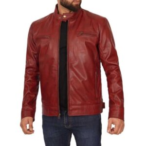 Mens Red Cafe Racer Leather Jacket