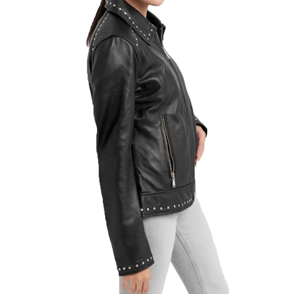 Classic Studded Black Leather Jacket Womens - Image 4